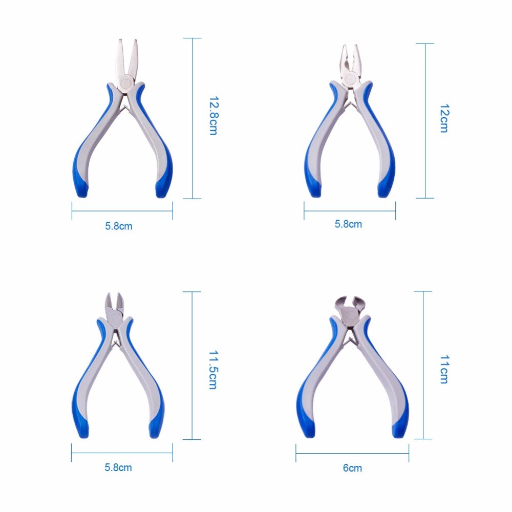 Een set van acht sieradentangen, een ronde bekkentang met gebogen bekken, een lange kettingbek met platte bekken, een zijkniptang en een eindkniptang voor doe-het-zelfgereedschap