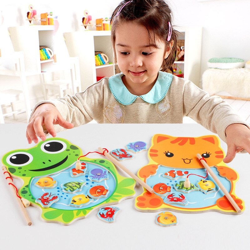 Baby Vissen Speelgoed Leuke Magnetische Tafel Game Board Cartoon Kikker Kat Puzzel Voor Kinderen Puzzel Houten MG41