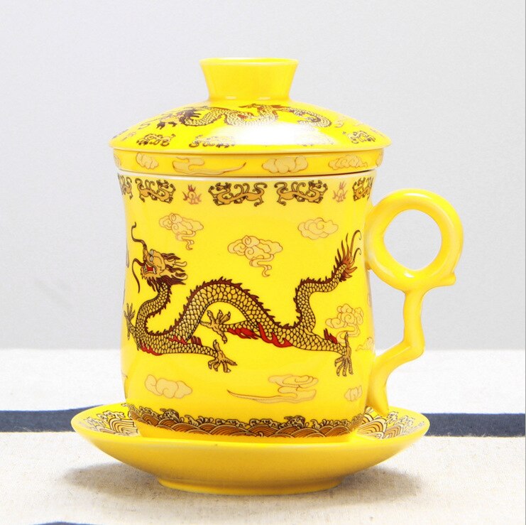 Cuatro juegos de tazas de té de cerámica filtrada, tazas de té y tazas de beber decoración de granja Gaiwan decoración de la habitación de porcelana azul: A