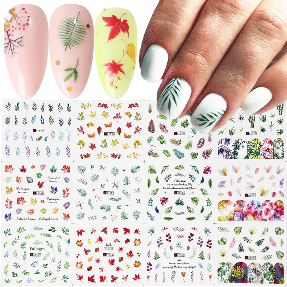 12 ontwerpen Nail Art Stickers Lot Zomer Groen Blad Watermerk Decals Slider Voor Manicure Nail Art Decoratie Wraps SAA1549-1560-1