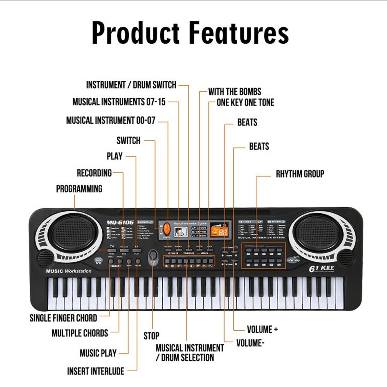 61 Keys Digital Music Electronic Keyboard Multifunctional Electric Piano with Microphone Function Musical Instrument for Kids