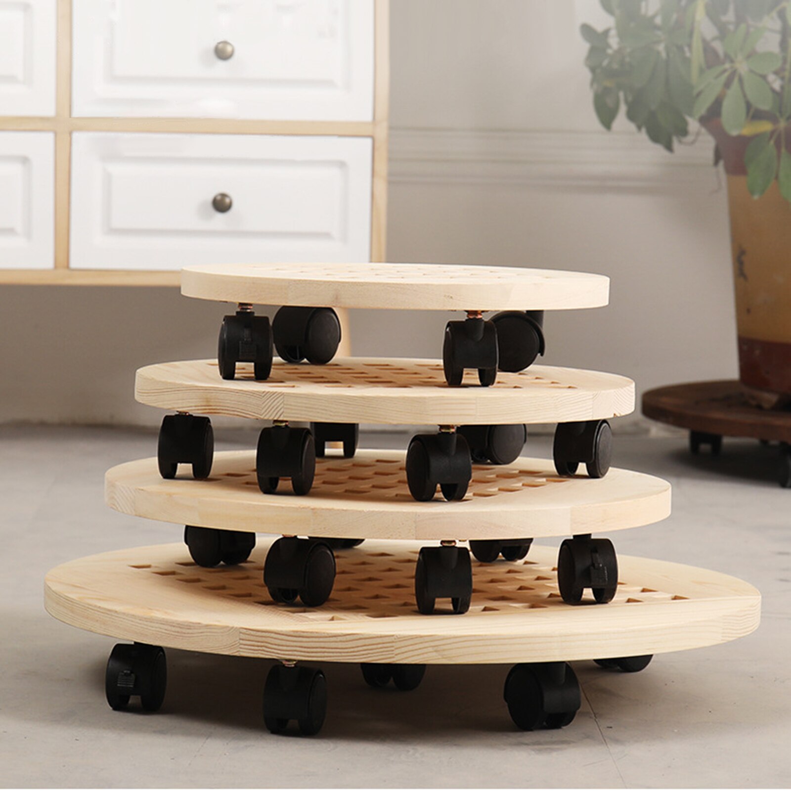 Wood Flower Pot Removable Tray Plant Holder Stand Base with Wheels Planter Flowers Pot Mover Trolley Plate Stand Gard