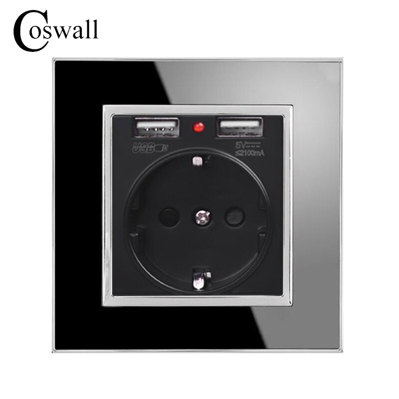 Coswall Wall Socket Grounded, 16A EU Russia Spain Outlet With 2.1A Dual USB Charger Acrylic Panel Black White Gold: Black