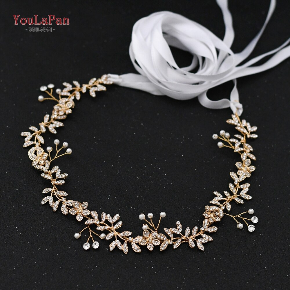 YouLaPan-Cinturón de boda SH89 dorado con diamantes de imitación, cinturón de boda, cinturones de novia con flores doradas con perlas: White ribbon