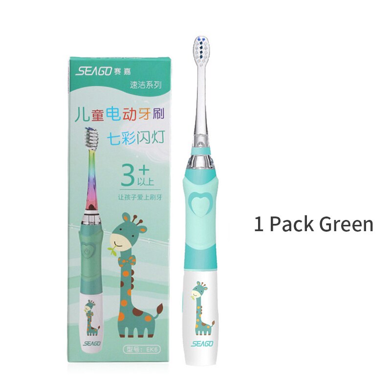 Seago-cepillo de dientes eléctrico para niños, linterna LED de colores, 16000 golpes, resistente al agua, alimentado por batería: Green