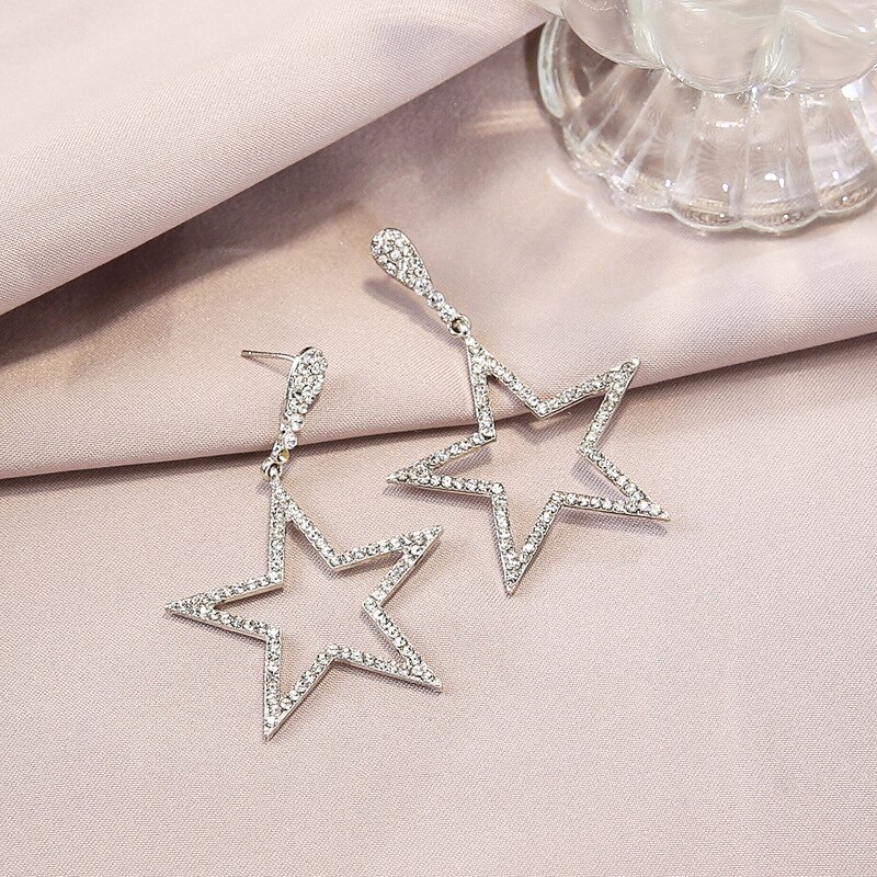 Star Pendant Earrings Woman Rhinestone Full five-pointed star Shining Korean Charm Exaggeration Trendy Alloy Boutiqu: Silver Plated