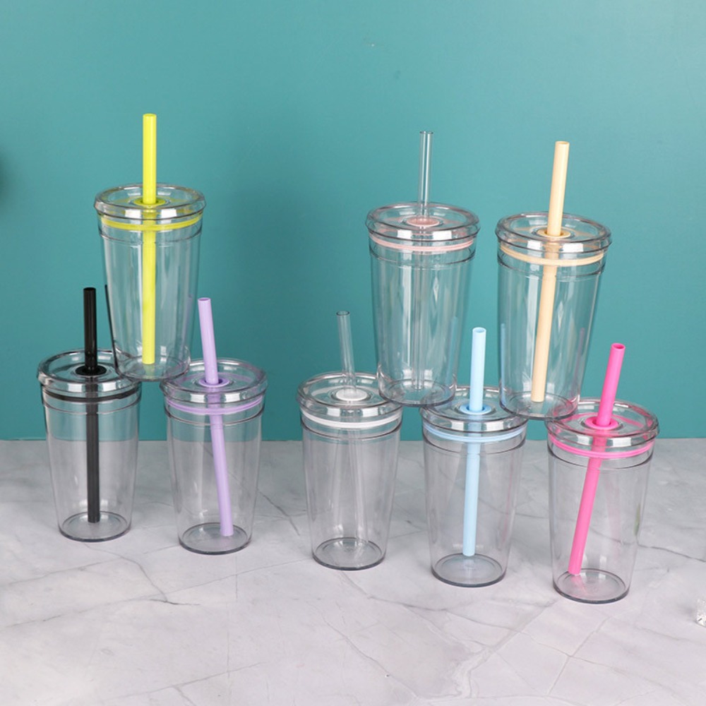 Taza con pajita portátil de 450ml, vaso transparente de una sola capa para beber, vaso de plástico reutilizable para coche, hogar