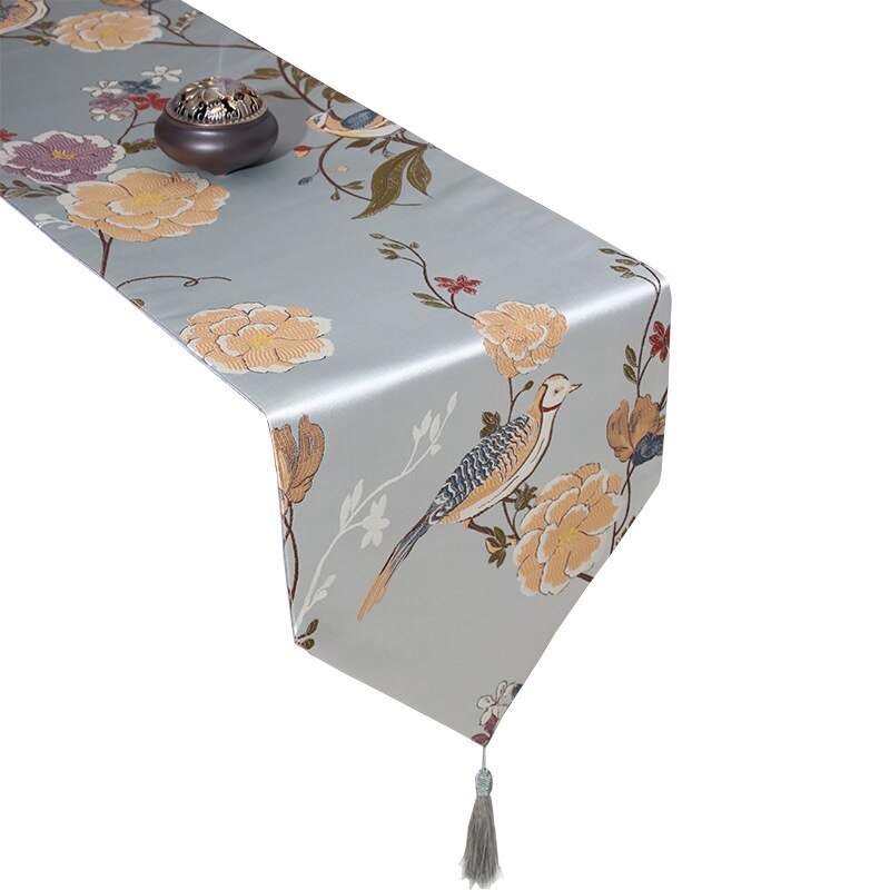 Chinese Style Magpie and Flowers Table Runner Bird Treetop Embroidery Table Flag Decoration for Party Wedding with Tassels: Lake blue
