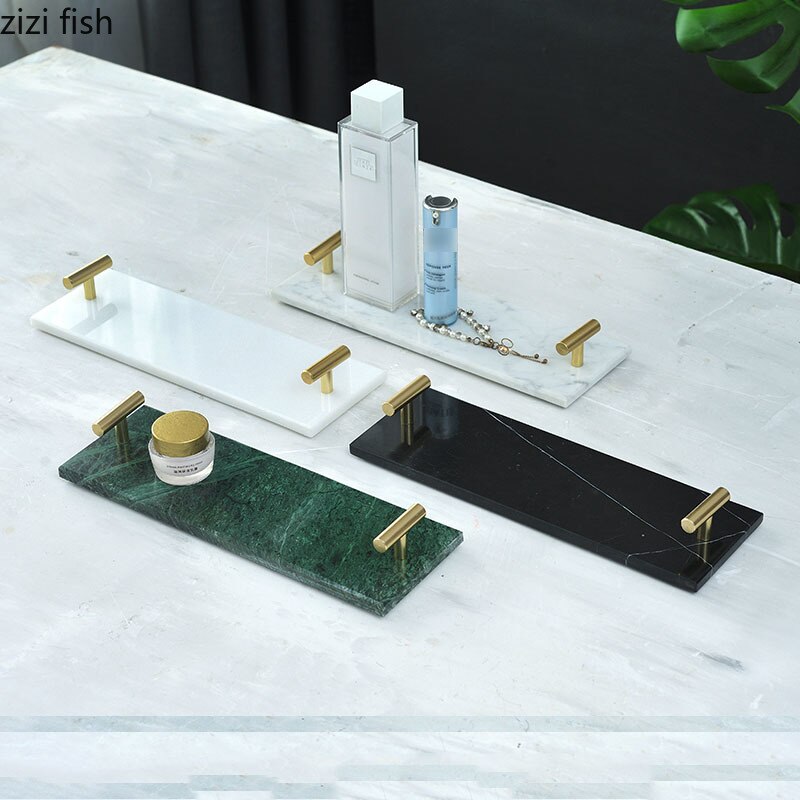 Bandejas de mármol Natural para decoración del hogar, bandeja decorativa con mango dorado, estante para baño, tocador, cosméticos, organizador de joyas