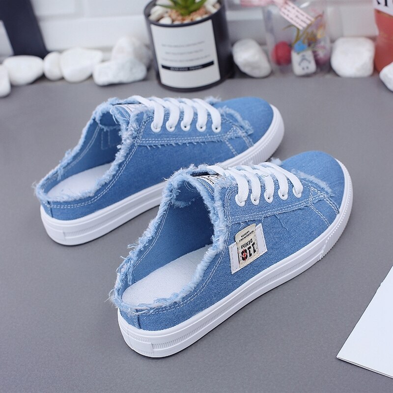 Dames Lærredssko Flade Sneakers Casual Sko Lav Overdel Snøre Sommer Hvid: Blå / 40