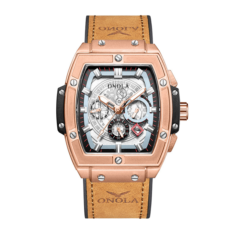 Relojes de lujo a la con clásico en forma de barril para hombre ONOLA, reloj de cuarzo de cuero informal resistente al agua multifuncional para hombre: Multicolor