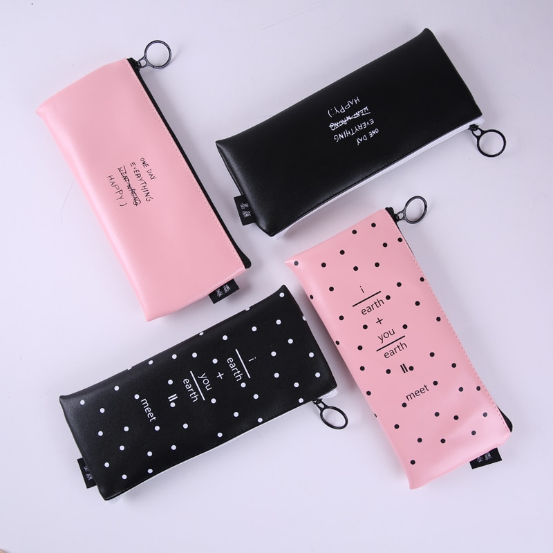 Estuche para lápices de lunares blancos y negros, bolsa rosa para lápices para adolescentes, niñas y mujeres, caja de cuero para bolígrafo, bolsa de papelería, suministros escolares