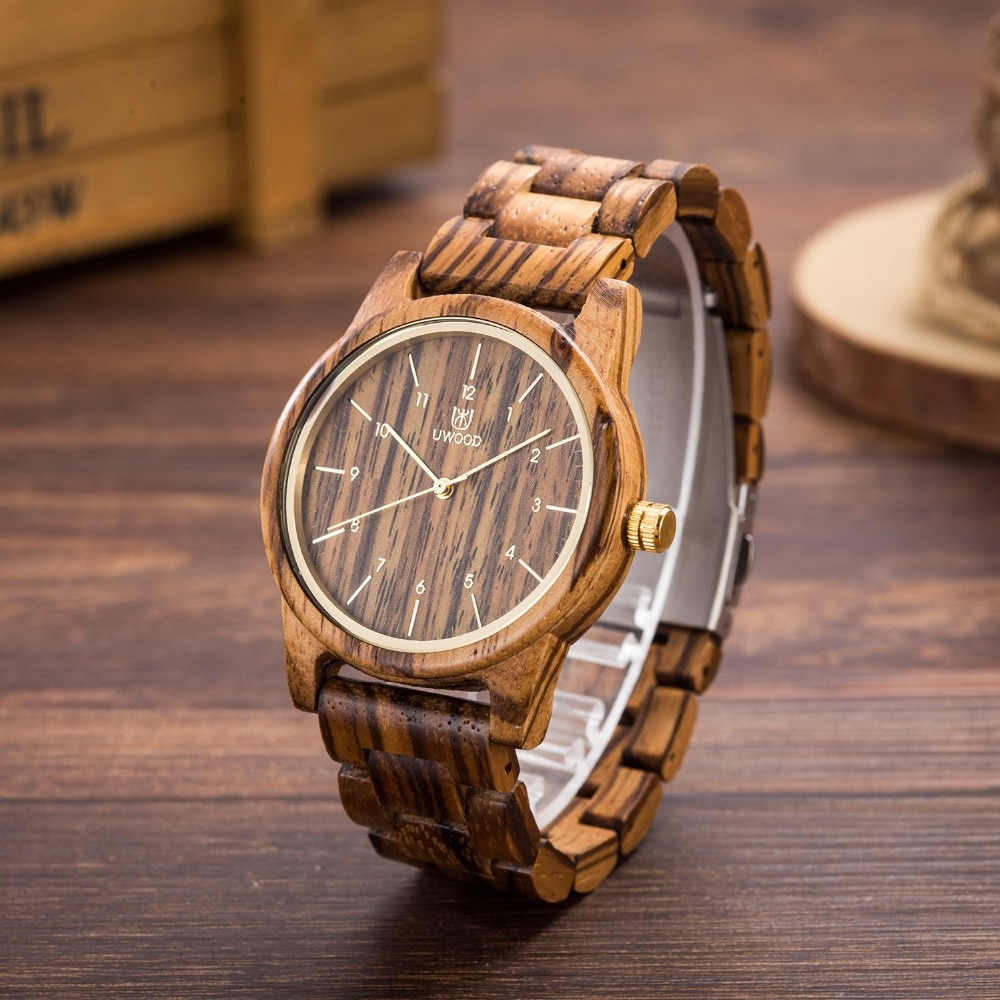 Uwood Zwarte Sandaal Houten Horloges Voor Unisex Luxe Horloge Houten Bamboe Horloges Gratis