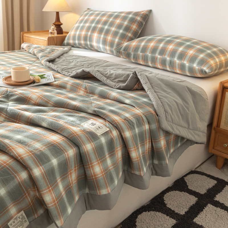 Edredón acolchado con aire acondicionado, edredón 100% de algodón puro lavable de verano, edredón suave a cuadros para edredón individual de tamaño queen doble