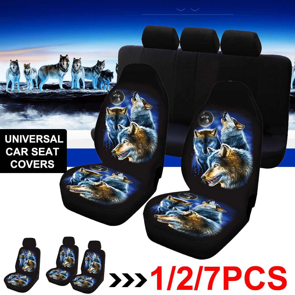 1/7 Pcs Auto Bekleding Universele Auto Front Stoelhoezen 3D Wolf Gedrukt Mesh Spons Kussen Volledige Cover set Interieur Accessoires