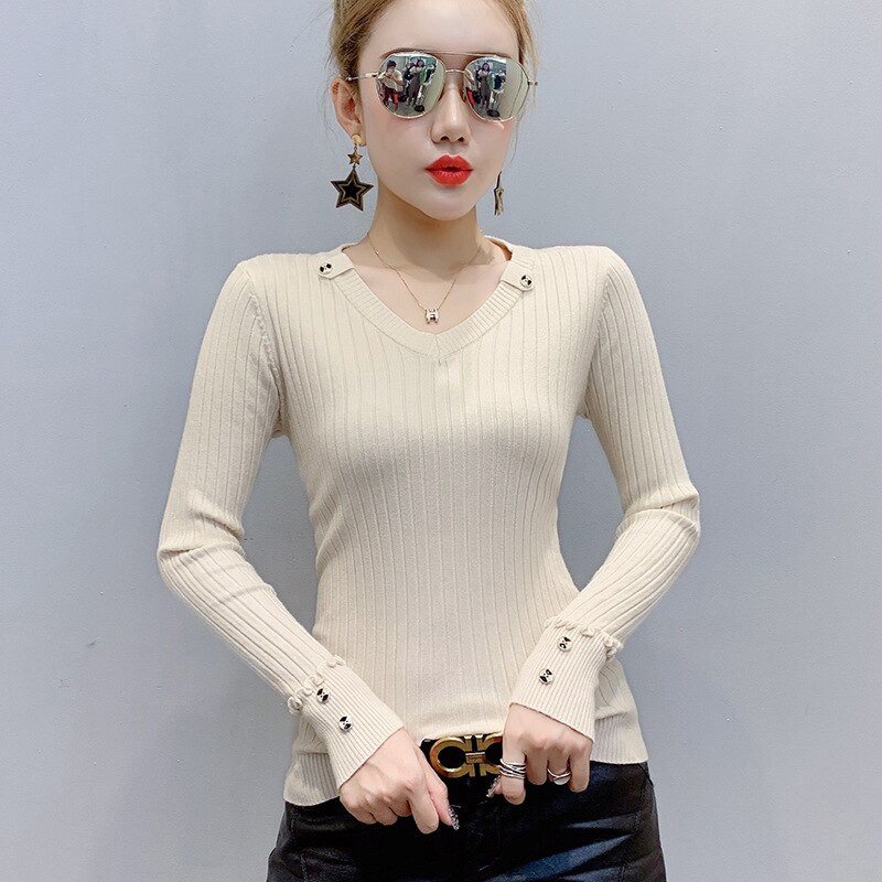 Button V Neck Sweater Women Spring Autumn Solid Knitted Pullover Women Slim Soft Jumper Sweater Female Knit Tops