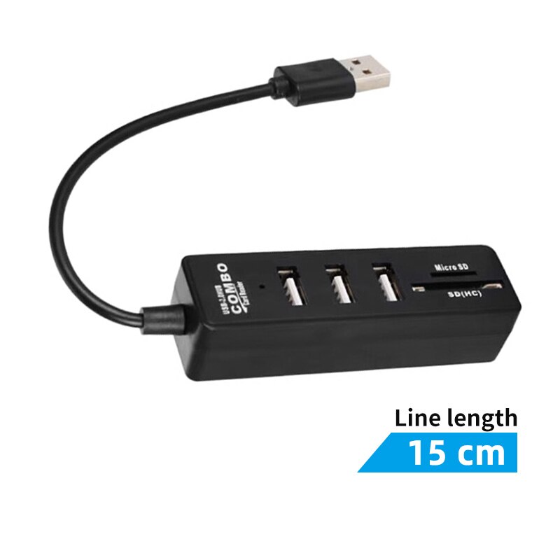 Lector de tarjetas de 3 puertos USB Hub 2 Solt, USB 2,0, tarjeta Micro SD TF, adaptador de ordenador, extensión para disco duro, ratón con cable, divisor de teclado: Negro