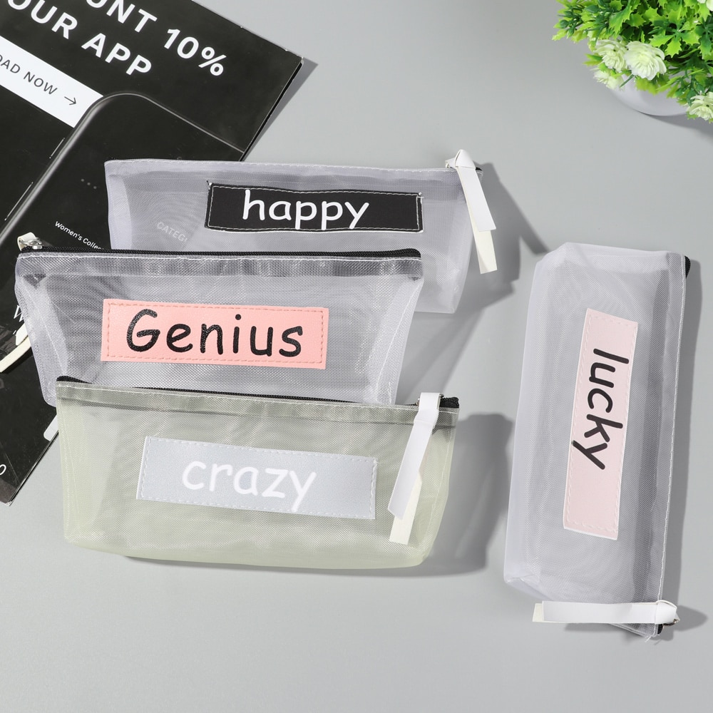 Transparent Mesh Pencil Bag Nylon Zipper Pencil Case School for Kids Girls Pen Storage Bag Office Supplies