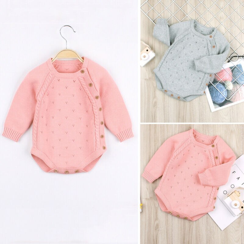 Focusnorm 0-18M Newborn Infant Baby Boy Girl Long Sleeve Knitted Jumpsuit Long Sleeve Bodysuit Overall Clothes