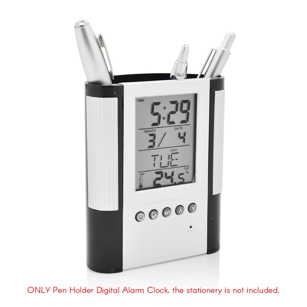 Pen blyant holder digital lcd skrivebord alarm ur pen holder kalender timer temperatur desktop ur
