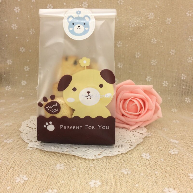 50 teile/los Keks Cookie Tasche + Dicht Aufkleber zurück Packungen Kuchen Taschen Nette Hund Katze aufbringen Verpackung für Kekse taschen: groß Hund mit Aufkleber