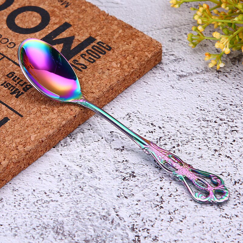 Vacclo 1pc Stirring Coffee Spoon 304 Stainless Steel Cutlery Round Square Shaped Vintage Dessert Spoon Fork Kitchen Accessories: CR1