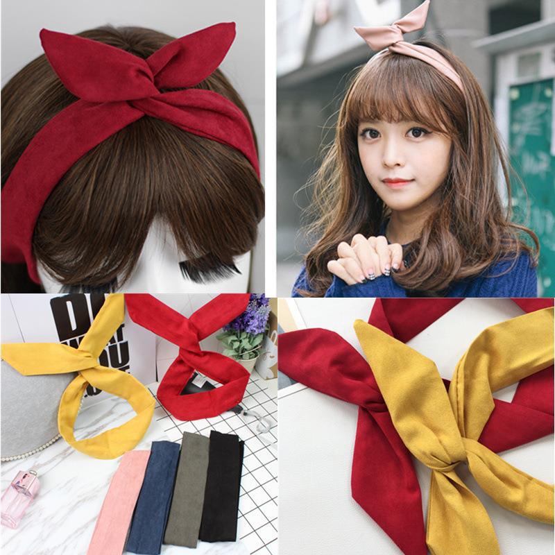 Ruban d'oreille de lapin en daim de couleur unie pour femmes, bandeau pour cheveux, nœud papillon croisé, écharpe en fil métallique, accessoires pour cheveux pour filles