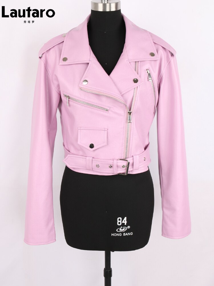 Lautaro-korte groene gekko biker leren jas voor dames, lange mouw, ritsriem, gekleurde stijlvolle bovenkleding, Y2K mode, 2024: XL / Roze