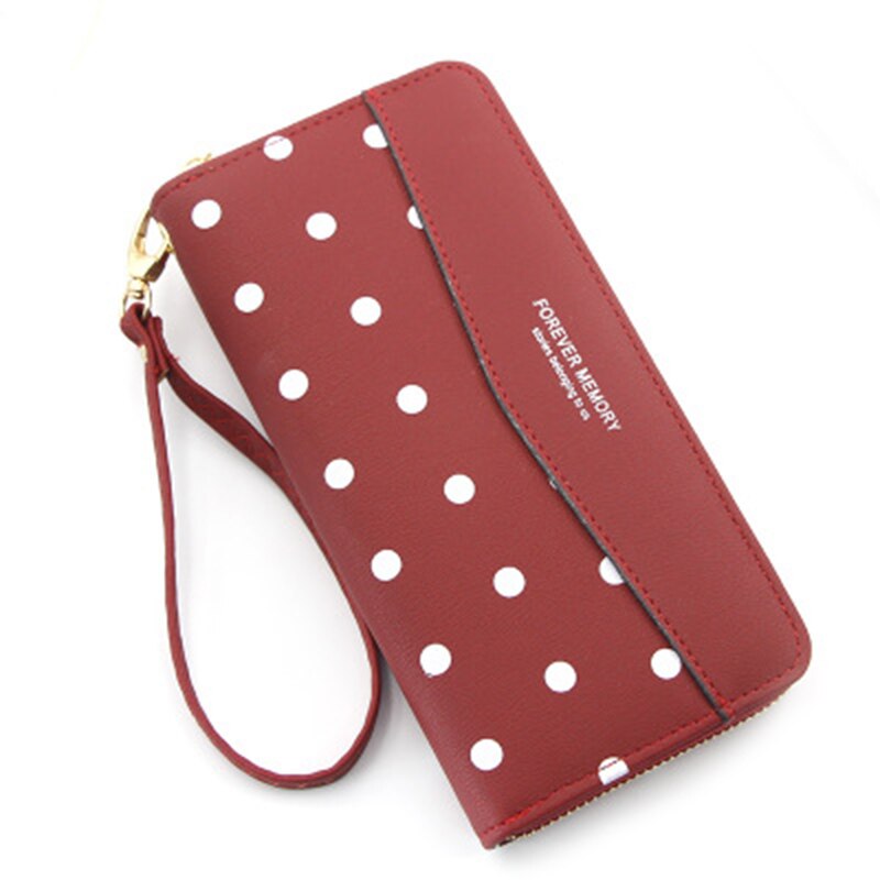 Vrouwen Lederen Lange Portemonnee Rits Party Telefoon Zak Kaarthouder Portemonnee Polka Dot Hand Holding Beste -WT