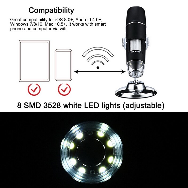 1000x digitale microscoop wifi microscoop vergrootglas camera 720p standaard voor android ios ipad digitale microscoop met 8 led-lampjes