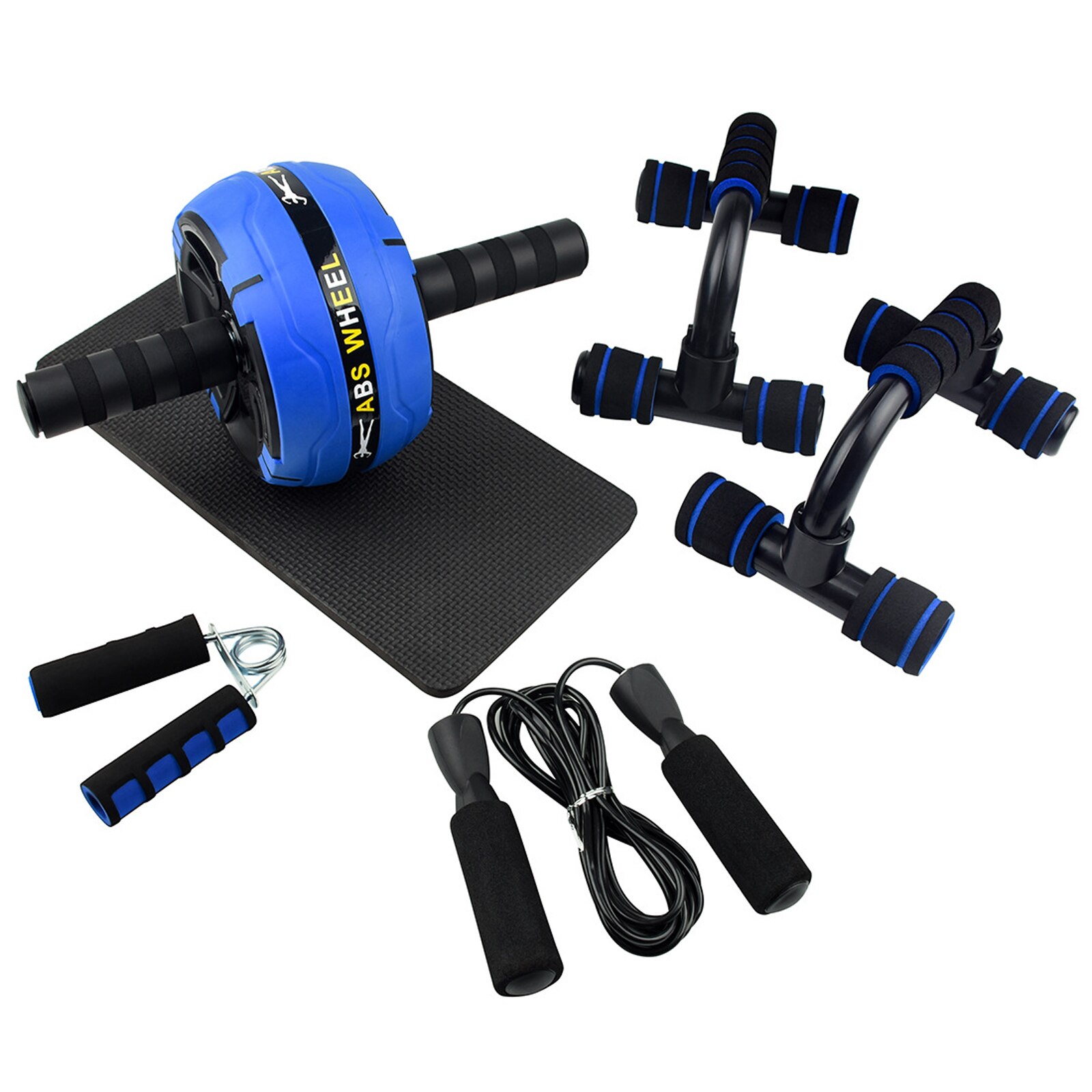 AB Wheel Roller Kit Abdominal Wheel Set with Push-Up Bar Jump Rope Hand Gripper and Knee Pad Home Gym Workout Equipment