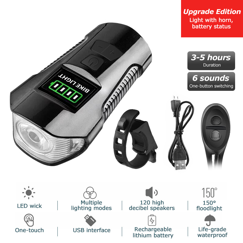 Waterproof Bicycle Computer With Light USB Charging Bike Front Light Flashlight Handlebar Cycling Head Light w/ Horn Speed Meter: Upgrade Edition BLK