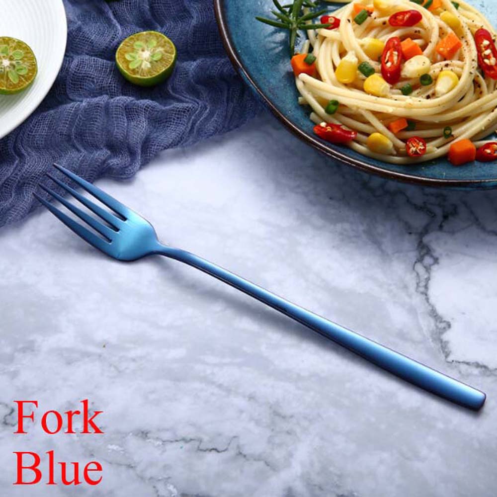 Cuillères et fourchettes à Long manche | Couleur arc-en-ciel en acier inoxydable, cuillère à soupe cuillère glaces thé cuillère à café vaisselle de table, couverts de maison: Fork blue
