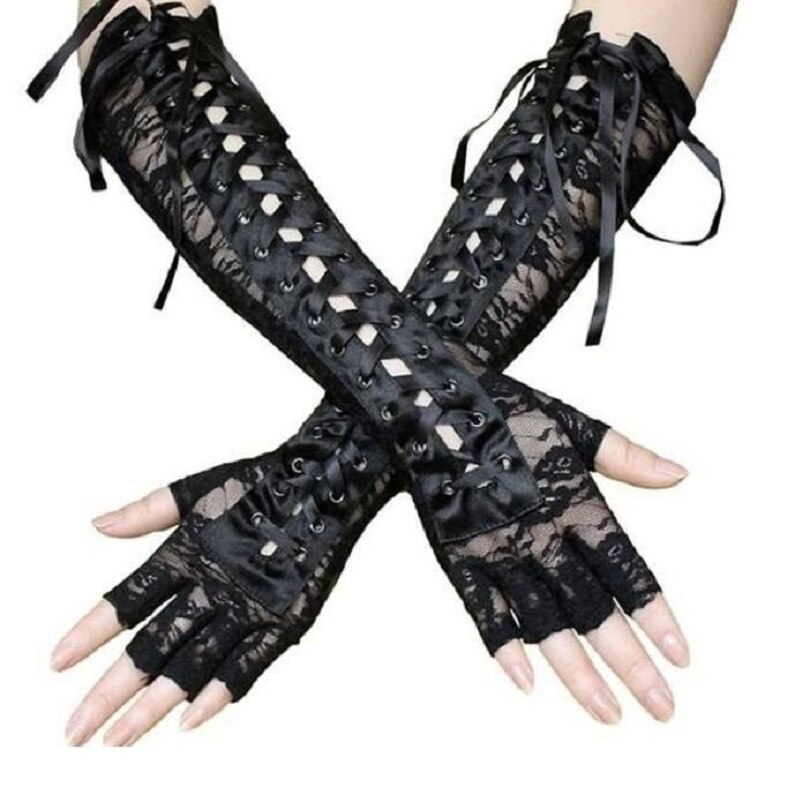 Gants longs Lolita pour femmes, rétro, Steampunk gothique, Corset en dentelle, demi-doigt, ruban en résille: A Black