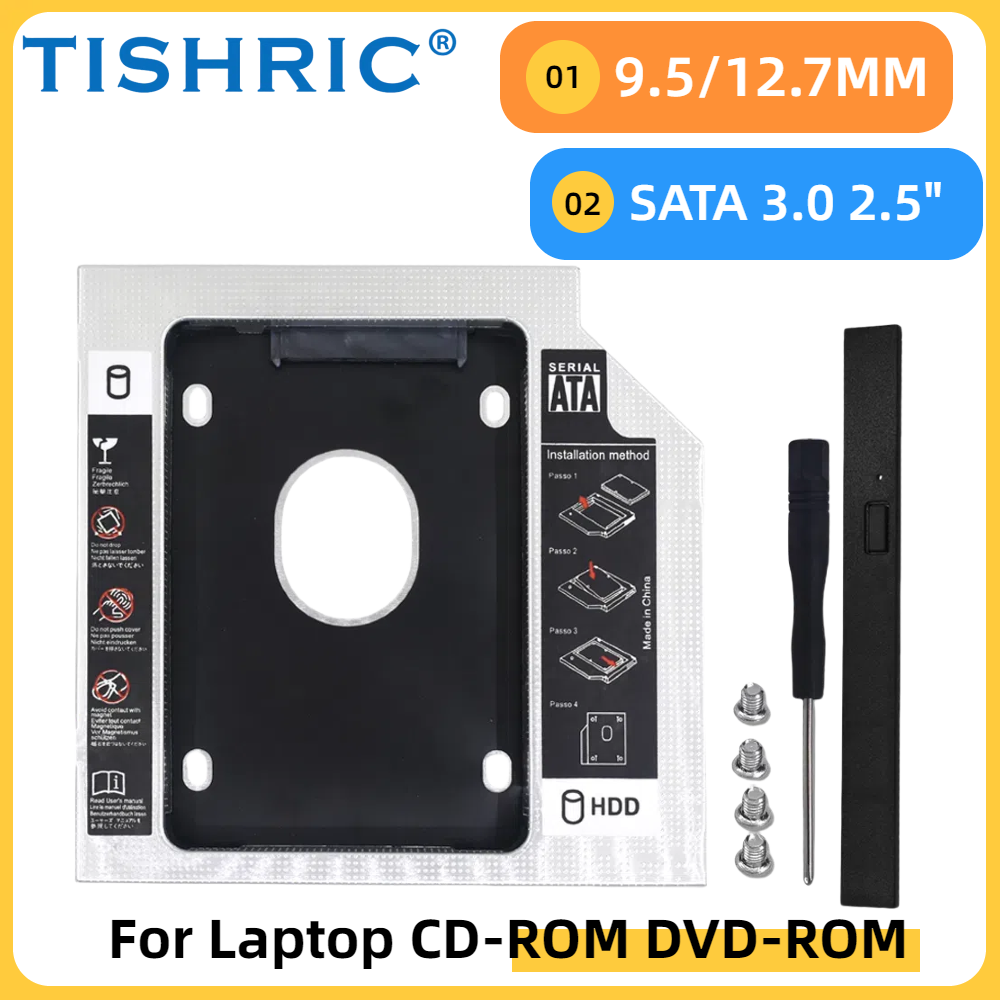 TISHRIC 9.5 12.7mm HDD Caddy SATA 3.0 2.5" Optibay SSD CD DVD To HDD Case Aluminum Universal Enclosure For Laptop CD-ROM DVD-ROM