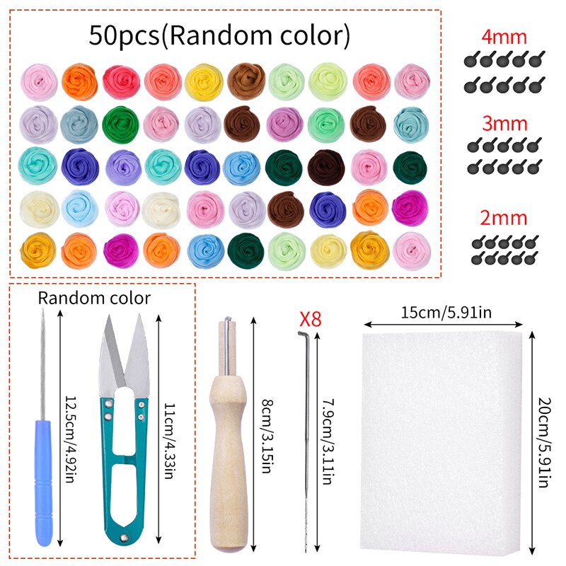 LMDZ 50/20Color DIY Wool Felt Kit Wool Felting Tools Handmade Needle Set 15pcs Pack Felting Fabric Materials Handcraft