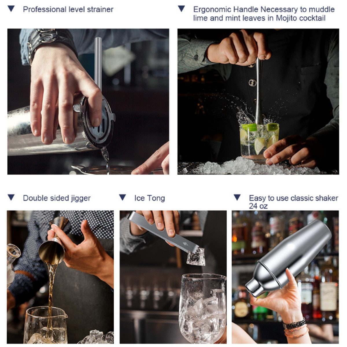 Bartender Kit Copper Coated 304 Stainless Steel Mixer Martini Bar with Bamboo Stand Cocktail Maker Cocktail Shaker Tools Set