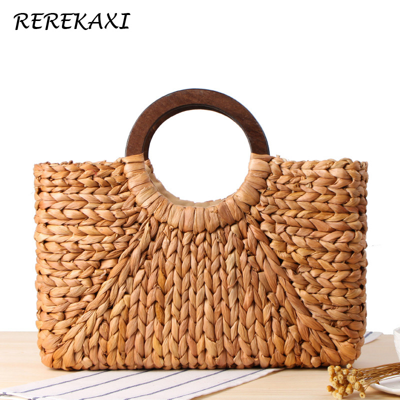 Bohème femmes sac à main à la main sac de paille naturel tissage été plage sacs rond manche en bois femme sac fourre-tout panier