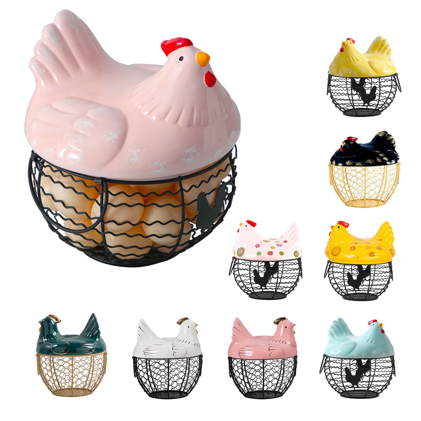 Ceramic Egg Holder Chicken Wire Egg Basket Fruit Basket Collection Ceramic Hen Oraments Decoration Kitchen Storage 19CMX22CM