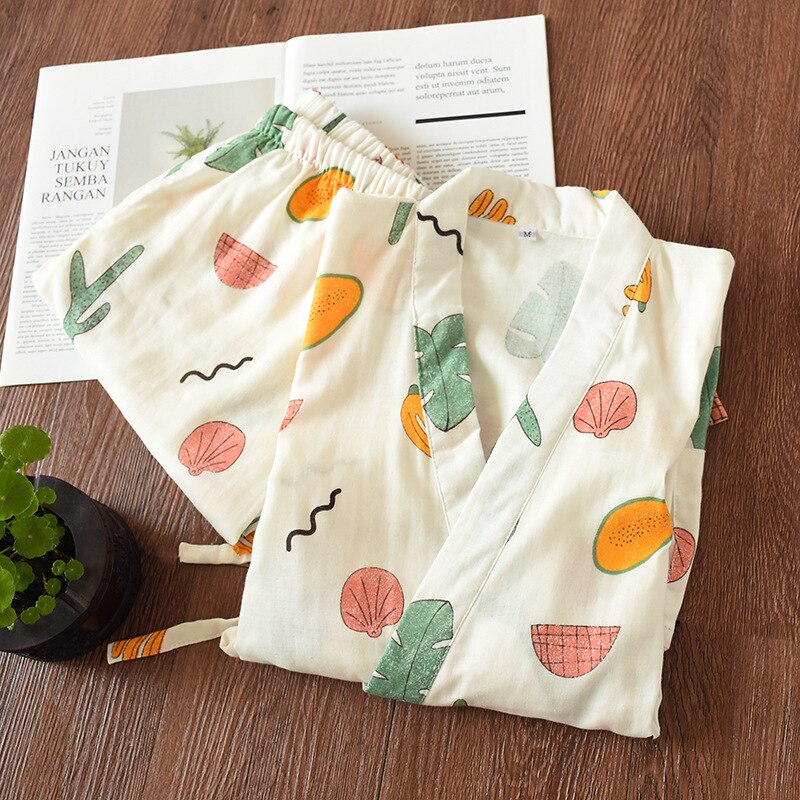 Camisola feminina japonesa de algodão puro, conjunto de pijama feminino kimono de manga médio, tradicional, para usar em casa, estampada, casual