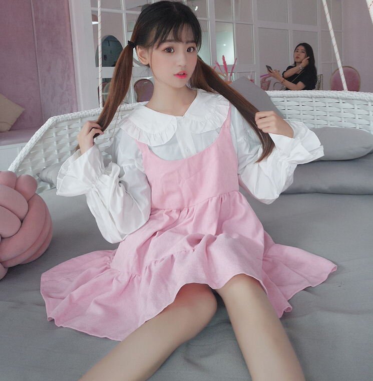 Vestido lolita, dulce y lindo, estilo kawaii, para niñas, estilo princesa, sirvienta, falda vintage con volantes, mangas abullonadas, falda roja, negra y rosa para mujer, cuello redondo.