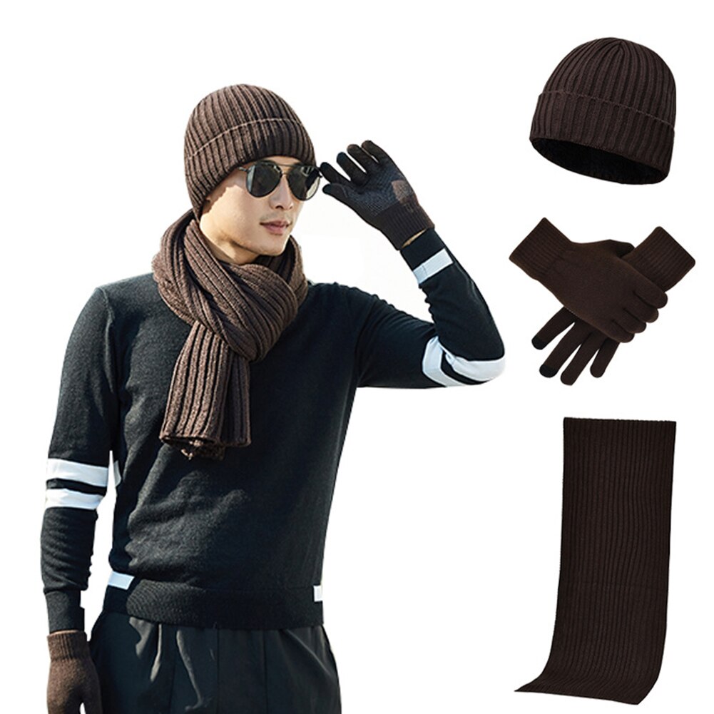 3 stk kvinder mænd tyk strikket beanie termisk halsbeskyttelse blød hat tørklæde handsker sæt skiløb udendørs sport varm vinter afslappet: Kaffe
