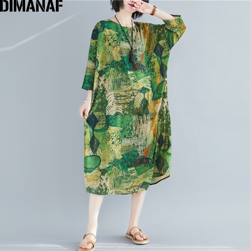 DIMANAF vestido de verano con estampado de gran tamaño, vestido veraniego para mujer, ropa de playa, Vestidos elegantes para mujer, Vestidos de algodón, Casual, suelto, de talla grande: XL