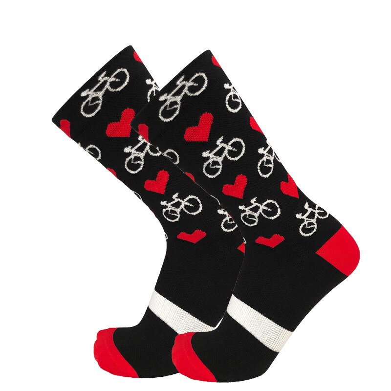 Cykelstrømper mænd kvinder kompression landevejscykelstrømper bjerg hjerteformede kærlige sokker: Sort