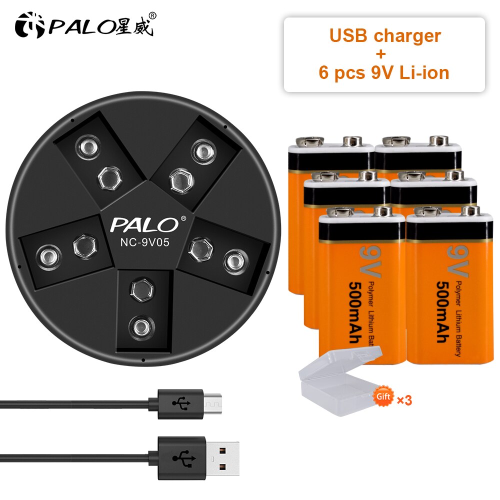 9V battery 6f22 lithium battery li-ion rechargeable battery 9v with 5 slots charger for ni-mh lithium 9v battery: 6pcs and charger