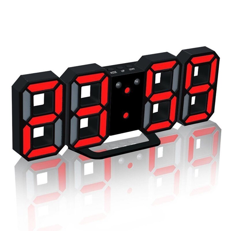 Horloge numérique moderne 3D mur LED, 24 ou 12 heures, alarme bureau heures, pour la maison, le salon ou le bureau, veilleuse: Black-Red