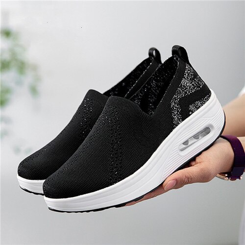 Women Mesh Shoes Soft Cushioning Walking Platforms Slip On Traveling Fitness Swing Shoes: Black / 37