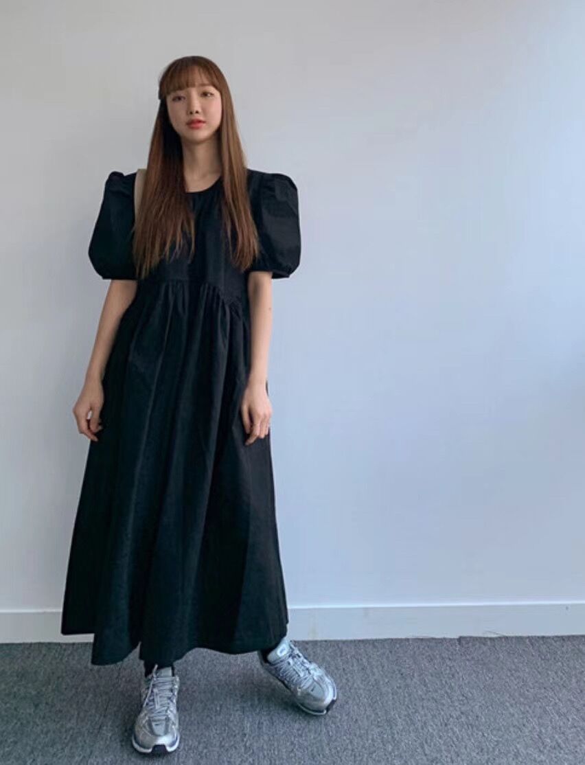 Summer Puff Short Sleeve Dress O-neck Office Lady Solid Color A-line Dress