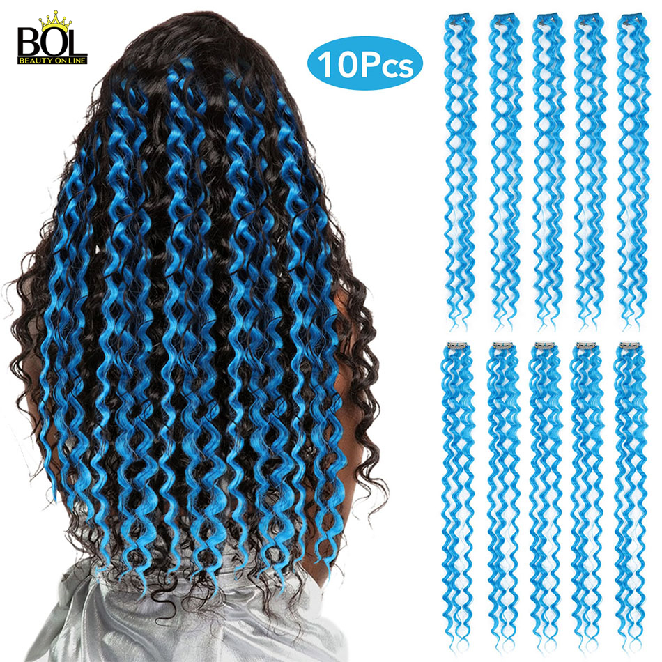 Bol Synthetisch Haar Extensions Gekleurde Haarlokken Diepe Golf Clip-Op Haar Vrouwelijke Regenboog Haar 24Inch1 0 Stuks/set Warmte slip: KC-Sky Blue