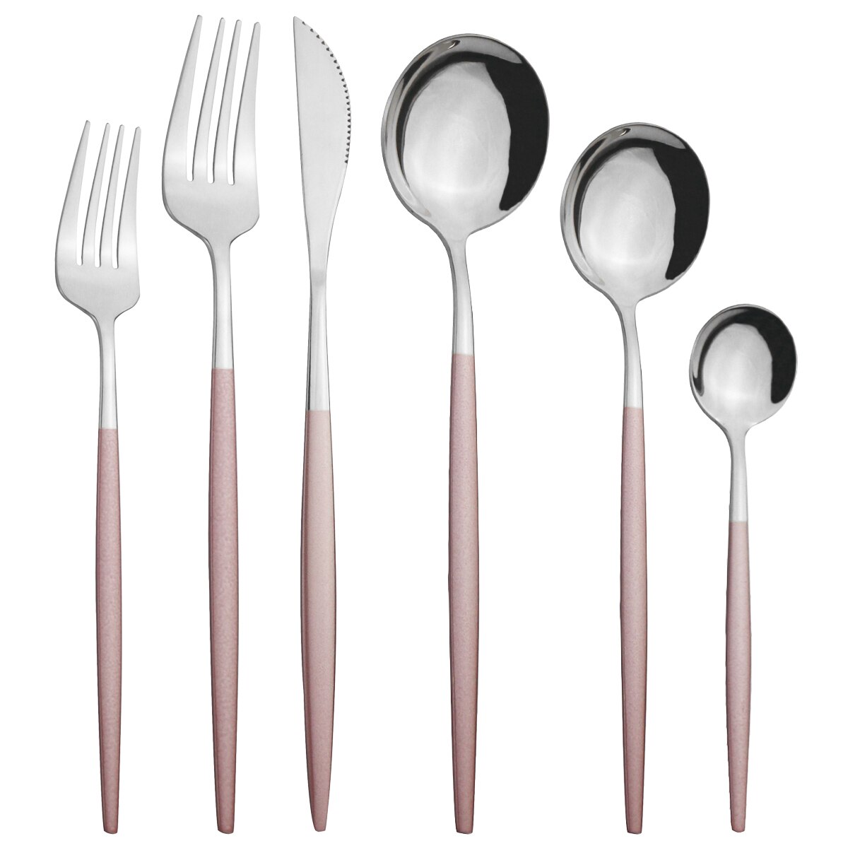 6 stuks witgouden bestekset, messen, dessertvorken, lepels, serviesset, roestvrijstalen serviesset, keukenzilverset: Roze zilver
